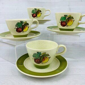 Vintage Metlox Poppytrail Vernon PROVINCIAL FRUIT GREEN Flat Cup Saucers Set 4
